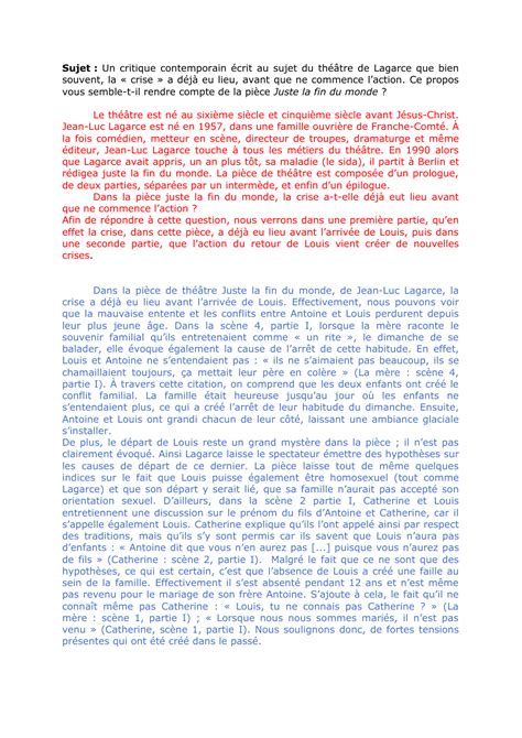 Sujet Dissert Juste La Fin Du Monde Dissertation : Juste la fin du monde, Jean-Luc Lagarce (1990) | Dissertation  Français | Docsity
